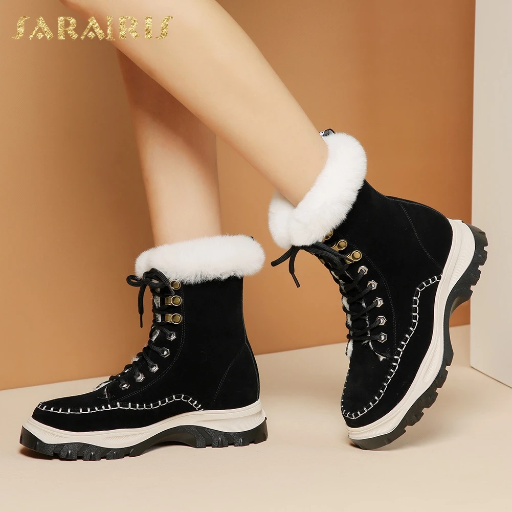 

Sarairis New Fashion Large Size 41 Cow Suede Autumn Winter Shoes Woman Boots Lace Up Add Fur Flat Heels Ankle Boots Women Shoes