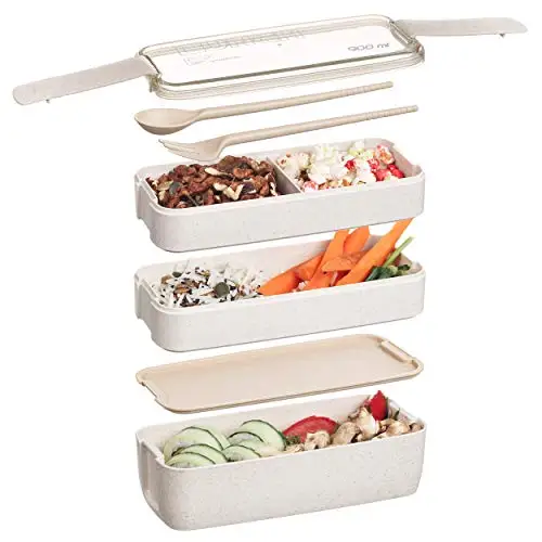 Японский Bento Ланч-бокс для детей, школьные контейнеры для приготовления еды, 3 штабелируемые Ланчбокс из пшеничной соломы, микроволновая печь, герметичный, без бисфенола - Цвет: Beige