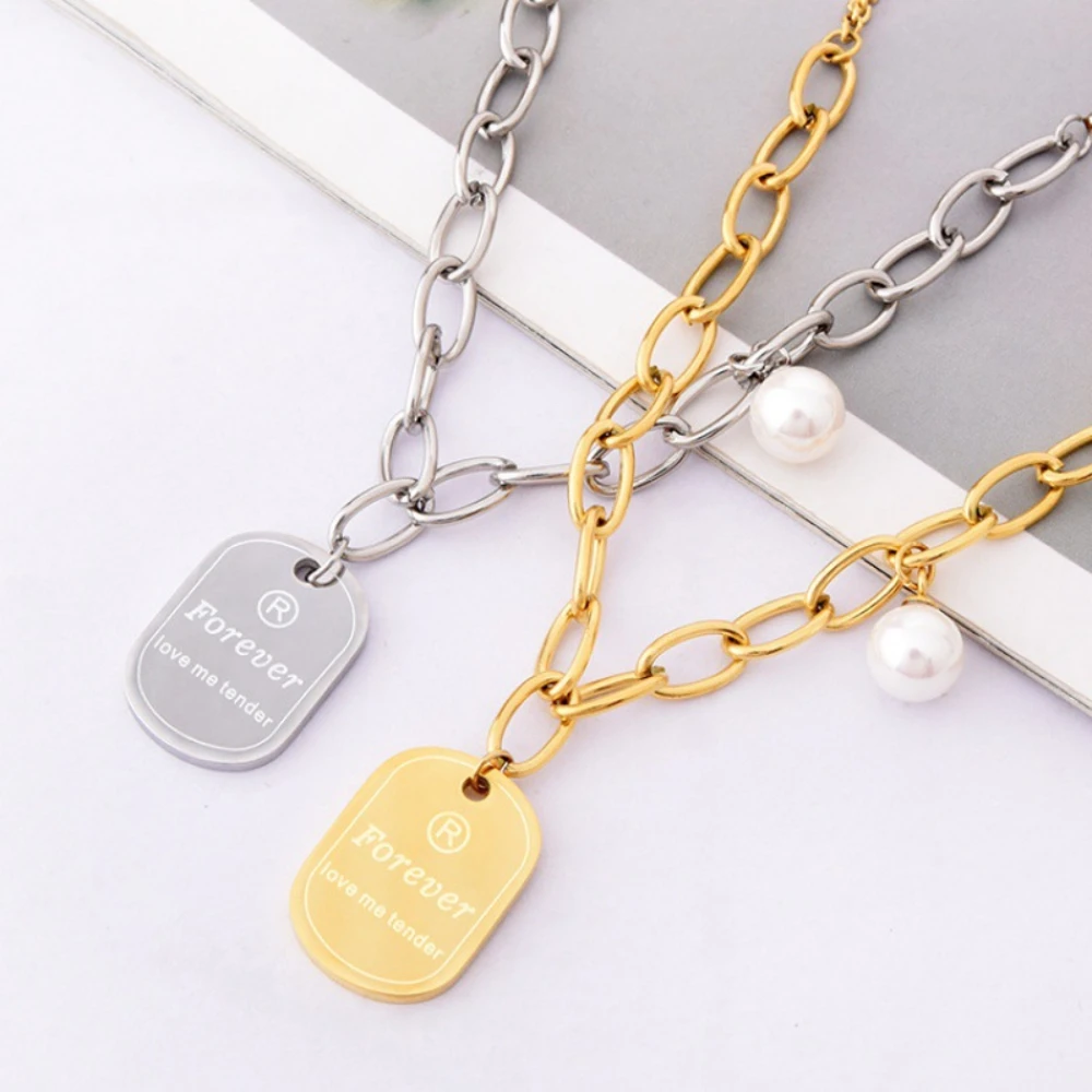 

Trendy Letter Pearl Titanium Steel Square Plaque Short Necklace Women Jumper Chain Jewelry