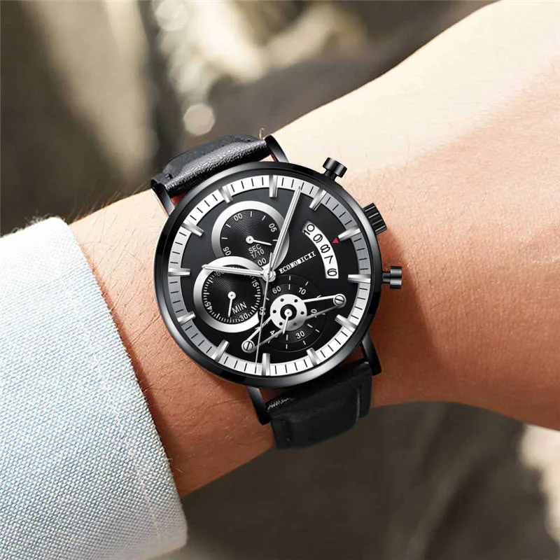 Новые Бизнес Мужские часы кожа черный кварц многофункциональный календарь