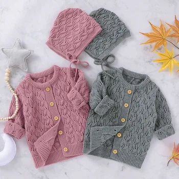 

Autumn Winter Baby Boys Girls Pure Color Hollow Out Knit Jacket + Cap Infant Kids Boy Girl Long Sleeve Cardigan Coat Clothing