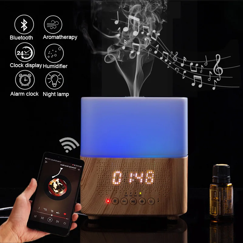 Smart Bluetooth Aroma Essential oil Diffuser Ultrasonic mist maker with Speaker Time Display Alarm Clock Air Humidifier for Home