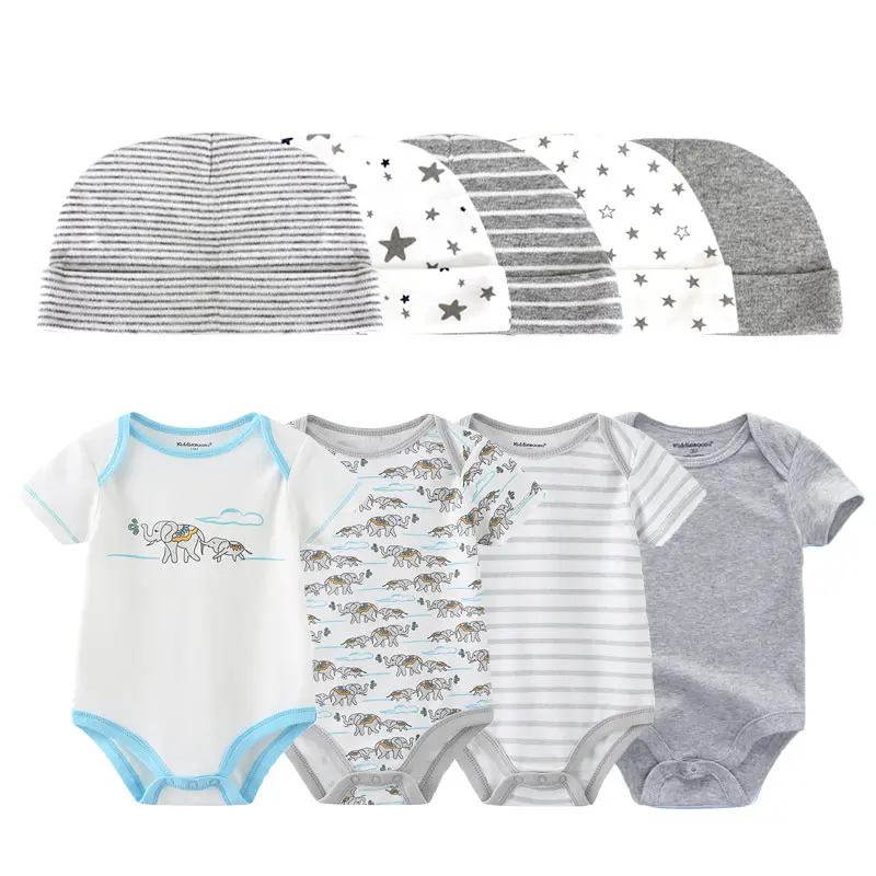 

Newborn Baby Boy Girl Bodysuit Set Short Sleeve Cotton Soft 0-12M Baby Bodysuits+Hats Set Infant Clothing Roupas de bebe