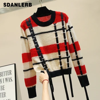 

2019 New Loose Air Woolen Sweater Coat Girl Short Jumper Pullovers Color Patch Long Sleeve Knitting Coat Women Short Sweater