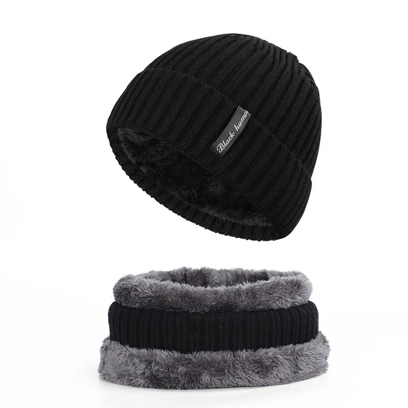 

Men Warm Skullies Beanie + Soft Scarf Two-Piece Set Winter Thicken Hat Male Windproof Knitting Caps Neck Warmer