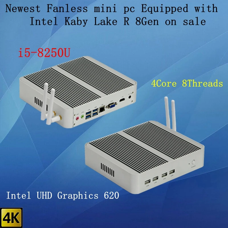 Newest Kaby Lake R 8Gen Fanless mini pc i5 8250u Intel UHD 620 win10 Quad Core 1