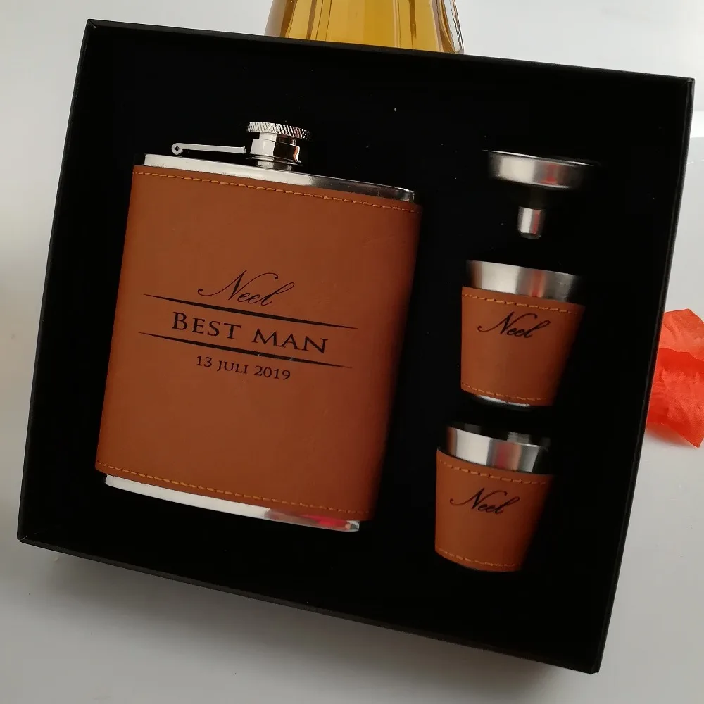 7 унций кожа набедренная фляжка с 2 чашками и воронкой в подарочной коробке упаковка для мужского подарка индивидуальные с индивидуальным логотипом