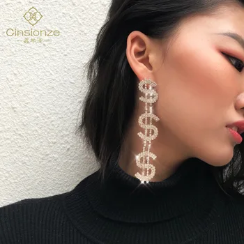

Cinsionze Women's Trendy Earrings Studs Exaggeration Letter US Dollar Rhinestone Zircon Inlaid Alloy Dangle Earrings Lady