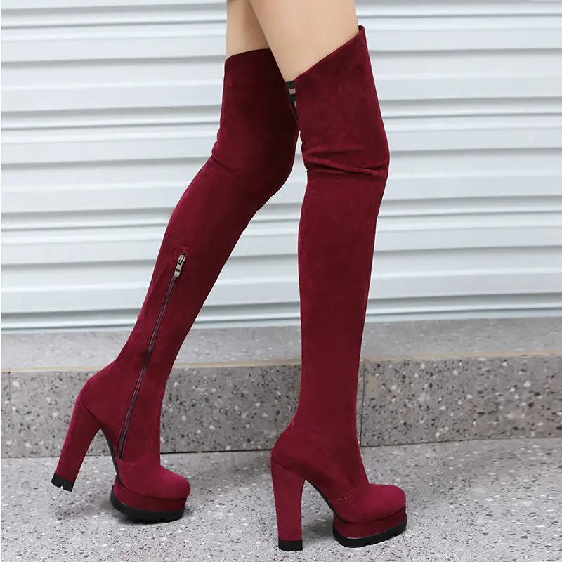 2021 Women Over the Knee Boots Platform Square High Heel Ladies Thigh Boots Faux Suede Side Zipper Round Toe Women's Boots Black 