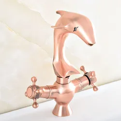 Antique Red Copper Brass Swivel Spout Dual Cross Handles Cute Animal Dolphin Style Bathroom Kitchen Sink Faucet Mixer Tap msf851