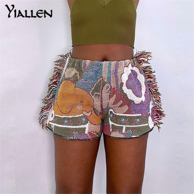 Vintage Print Shorts Women Summer Indie Folk Style Unique Side Tassel Patchwork Pants Hot Hipster Female Clothing Hot