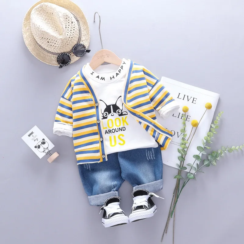 Autumn Children Baby Boys Clothing Sets Toddler Clothes Suits Stripe Coats Cartoon T Shirt Pants 3PCS Infant Casual Costume