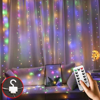 

Battery powered leds Copper LED curtain string light 3*3M Waterproof flexible indoor new year wedding party garland light