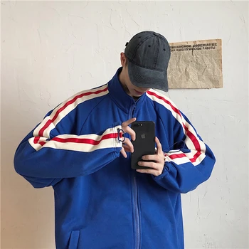 

2020 Men's Hit Color School Coats Wind Cardigan Loose Bomber Streetwear Jacket Blue/Rice White Color Outerwear Plus Size M-XL
