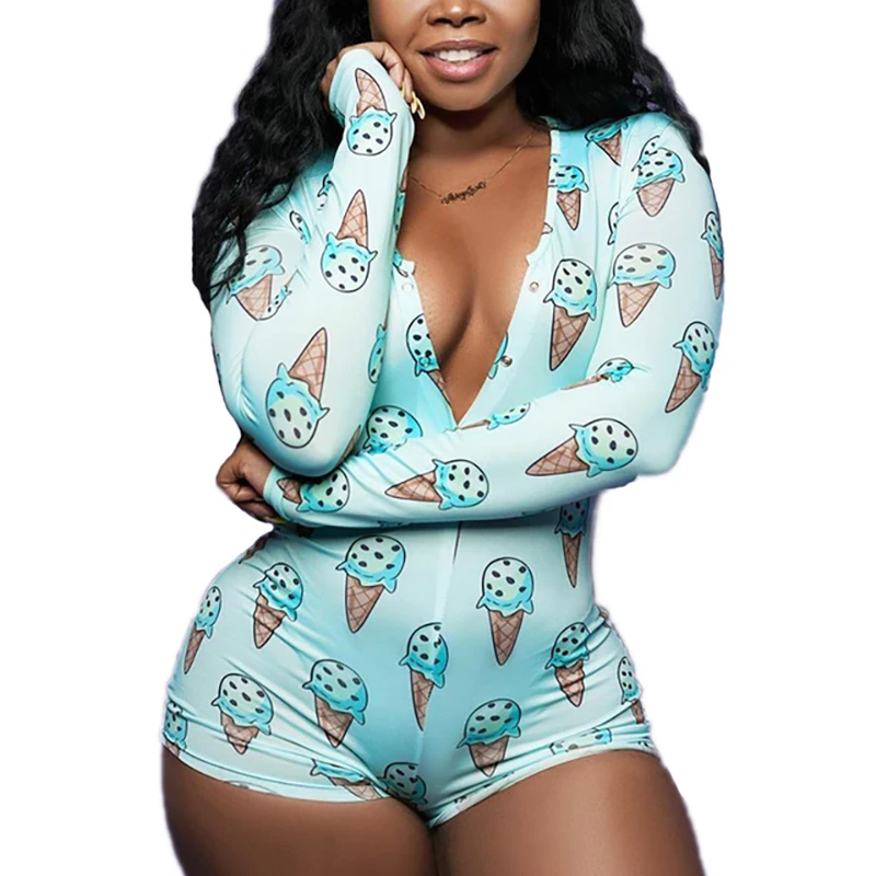 OMSJ Light Pink Cute Ice-cream Print Short Jumpsuit Women Onesies Pajamas Deep V-neck Sexy Sleepwear Button Adjult Playsuit
