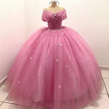 

Xijun Pink Ball Gown Quinceanera Dresses 15 Party Formal Beading Crystal Lace Applique Butterflies Princess Birthday Gowns