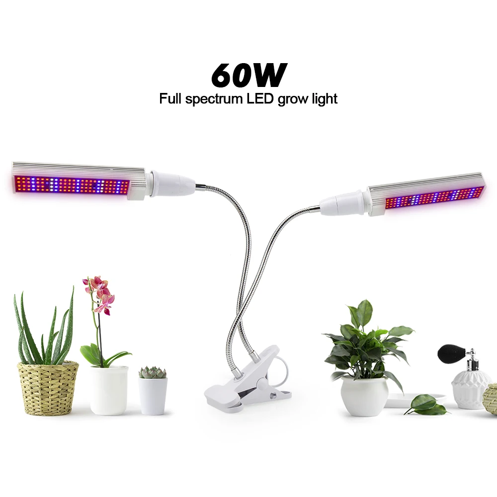 Leds Full Spectrum Dual Head LED Grow Light Plant Flower Grow Lamp Red Blue UV IR Lights Clip for Veg Indoor E27 Green House 60W