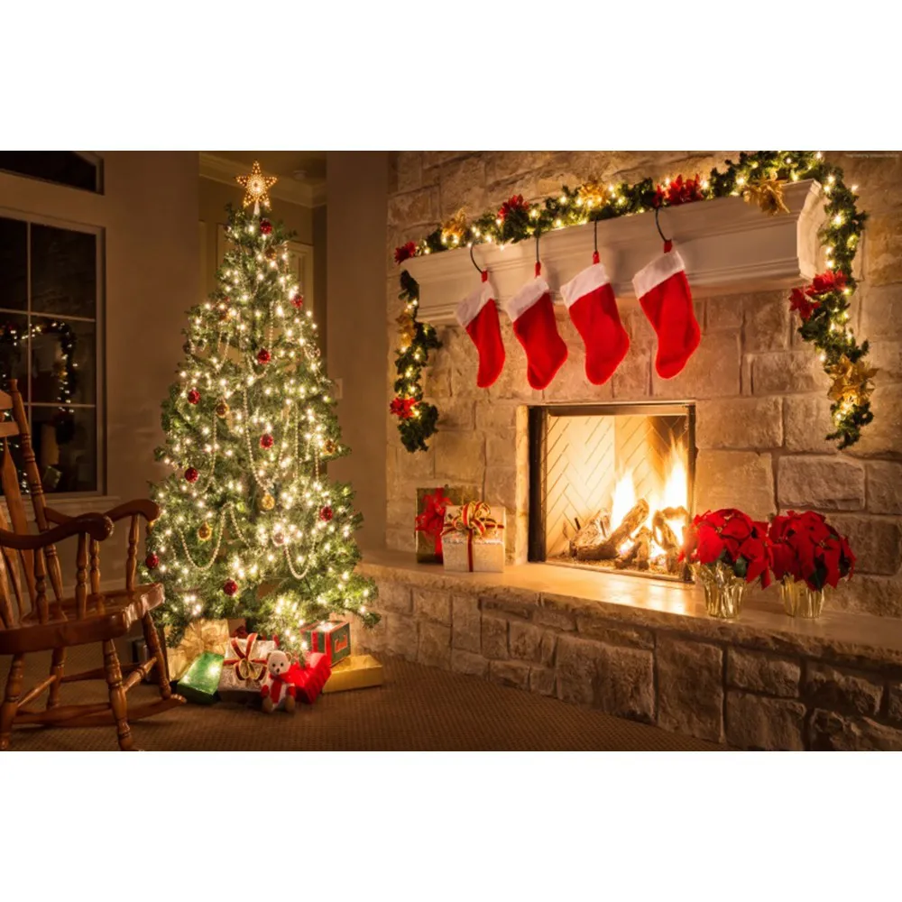 Yeele Christmas Tree Fireplace Bell Light Candle Interior Deco Photography Backgrounds Photographic Backdrops for Photo Studio - Цвет: NWH04567