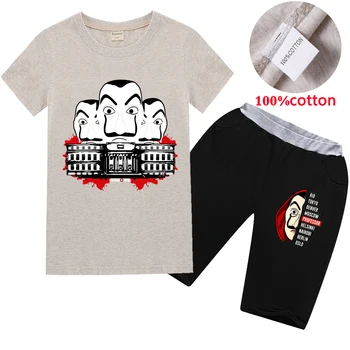 

2020 New Movie The House of Paper La Casa De Papel Money Heist Printing Clothing T Shirt Tops Suit Boys T Shirt Shorts 2pcs Sets