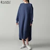 ZANZEA Round Neck Long Sleeves Vestidos Women Autumn Pocket Sweatshirt Dress Lady Casual Side Fork Irregular Robe Plus Size 5XL ► Photo 3/5