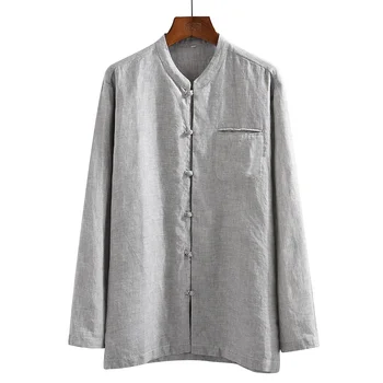 

2020 Men's Long Sleeve Shirts 100%Pure Linen Summer Casual White Shirts Man Stand Collar Shirt Male Blouse Tops Y2643
