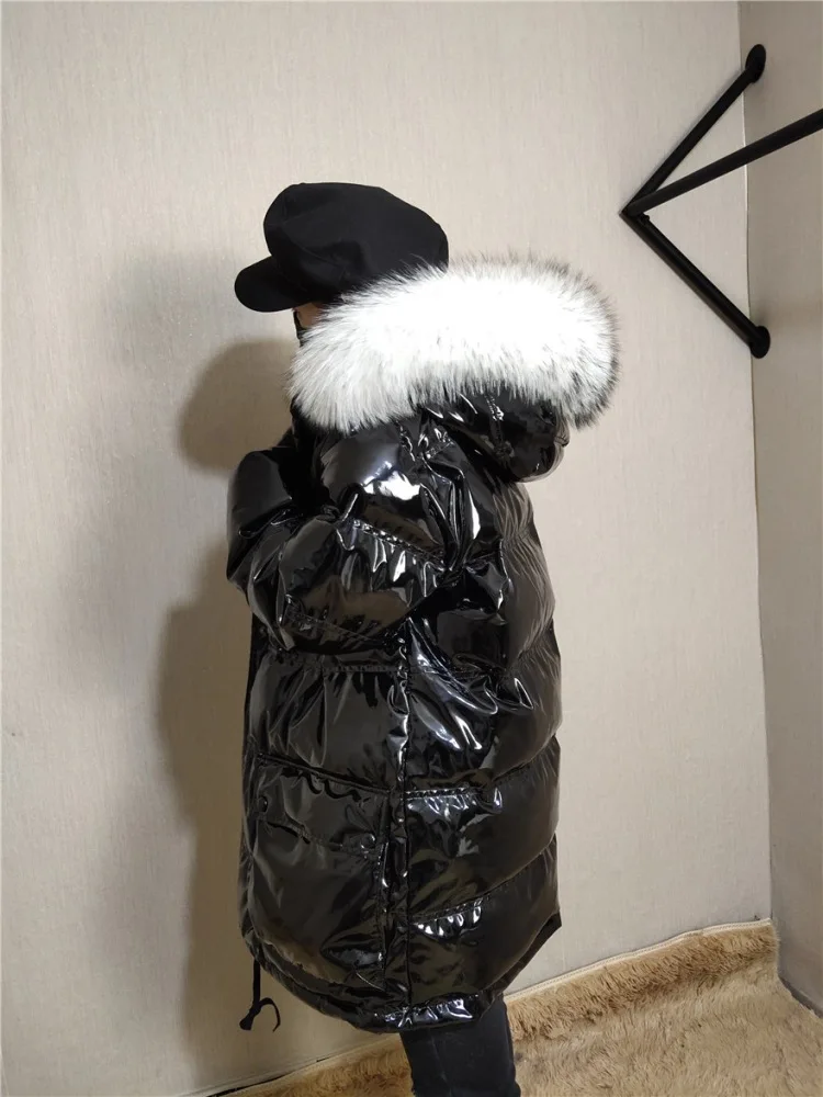 Зимний пуховик женский большой размер свободный енот мех с капюшоном из лакированной кожи Яркий пуховик женский длинный пальто NS1408