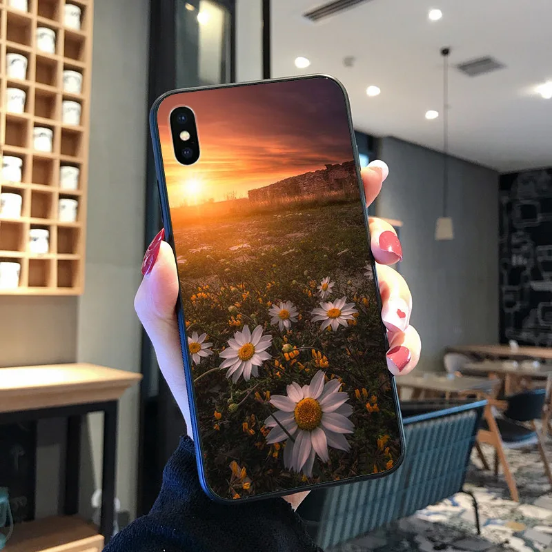 Kecil Bunga Aster Bunga TPU Hitam Ponsel Case Shell UNTUK iPhone 8 7 6 6S Plus X XS MAX 5 5S SE XR 11 11pro Promax Ponsel