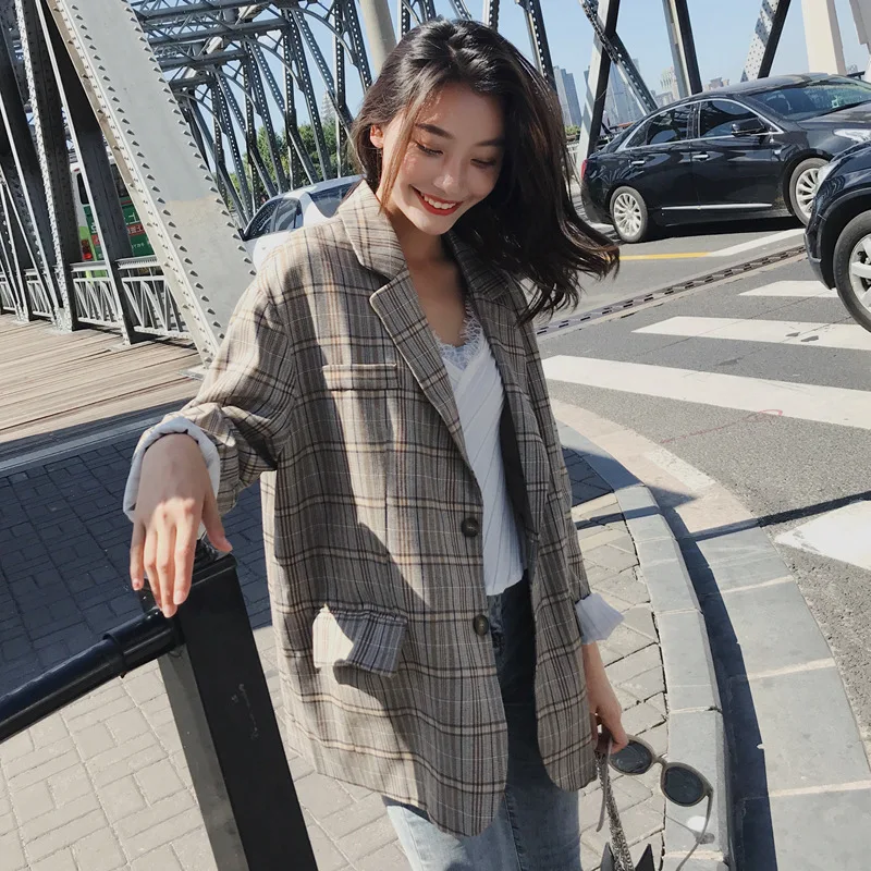 

2019 Autumn Clothing New Style Korean-style Retro CHIC Versatile Loose-Fit Slimming Students Casual Long Sleeve Plaid Suit Women