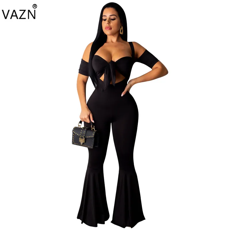VAZN OFN6288 новые сексуальные Клубные специальные открытые модные однотонные с коротким рукавом без бретелек открытые бандажные Топы женские расклешенные jumpwuit - Цвет: Черный