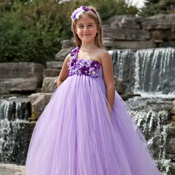 

Cute Girls Purple Flower Tutu Dress Kids Single Strap Tulle Dress Ball Gown with Hairbow Children Wedding Party Costume Dresses
