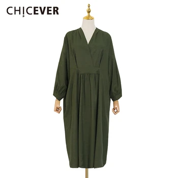 

CHICEVER 2020 Spring Dresses For Women V Neck Long Sleeve High Waist Loose Oversize Midi Dress Female Fashion Casual Clothes New