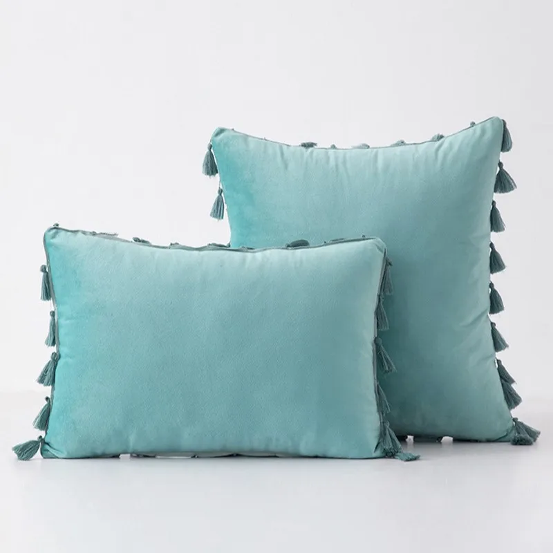 Inyahome Water Blue Velvet Soft Solid Decorative Throw Pillow Cover with Tassels Fringe Boho Cushion Case for Couch Sofa Bed 