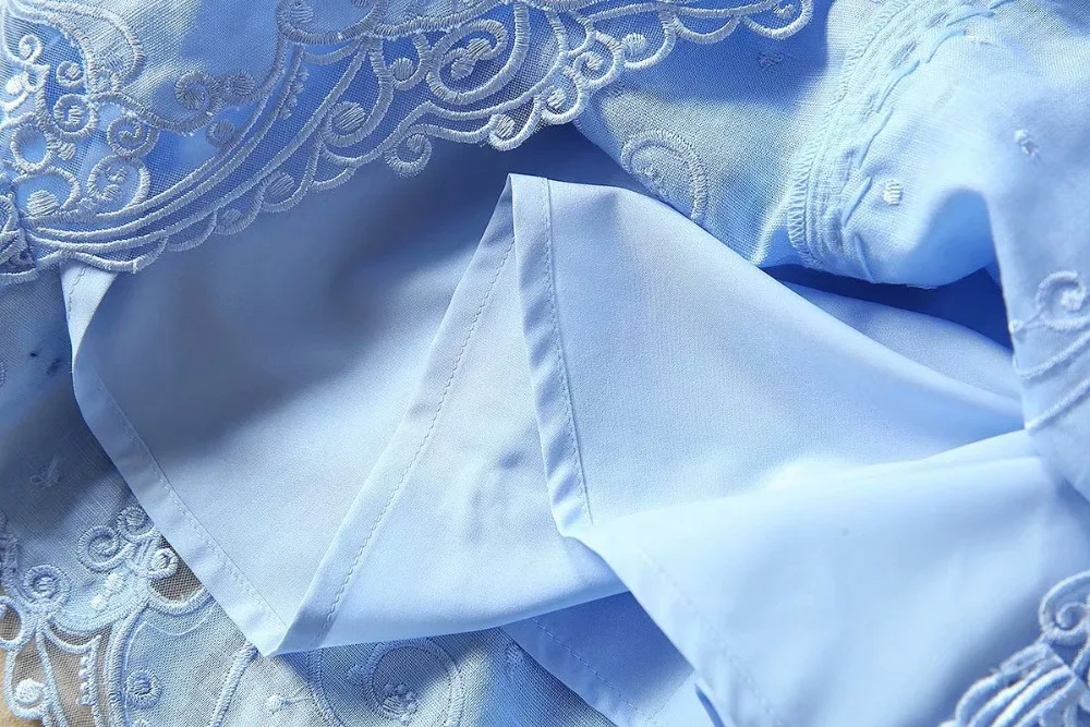 Top Quality Autumn Party Dresses Vestidos Women Lace Hollow Out Embroidery Single Breasted Long Sleeve Blue Dress Luxury