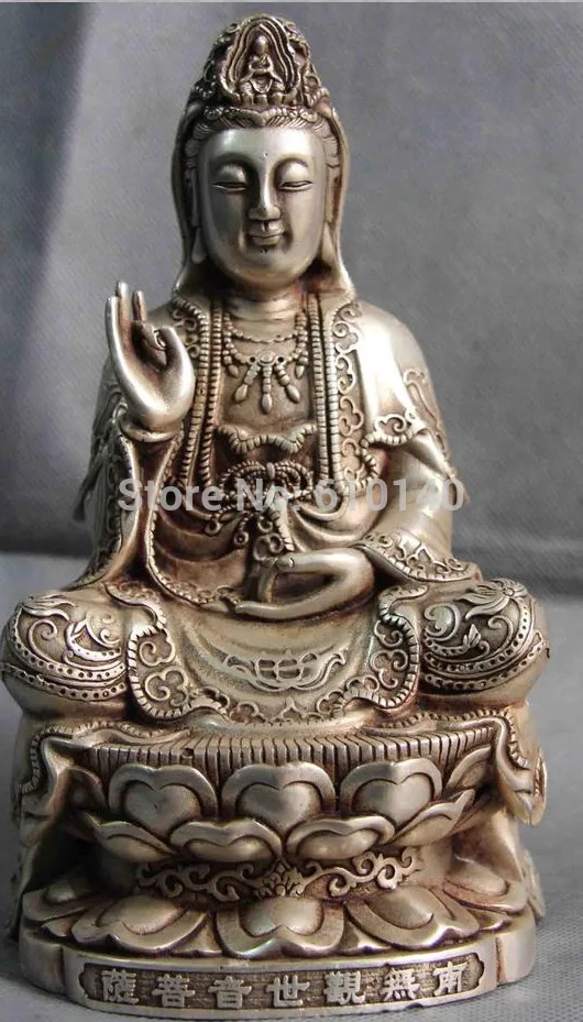 Chinese Buddhism Temple White Copper Silver GuanYin Kwan-yin Bodhisattva Statue | Дом и сад