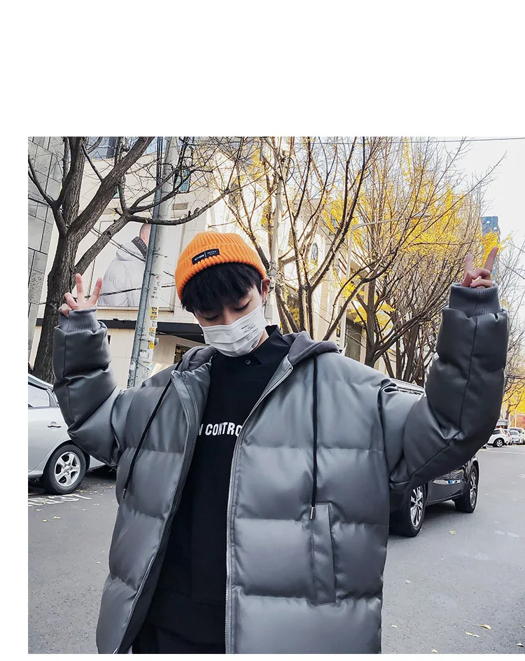 Intfeday 18 Winter Hot Sales Thick PU Leather Jacket Men's Korean-style INS Fashion Man Leather Cotton-padded Clothes Hooded Cot