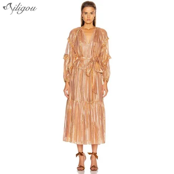 

Ailigou 2020 New Summer Female Retro Striped Contrast Color Dress Female V-neck Lantern Sleeve High Waist Lace Bow Midi Dress