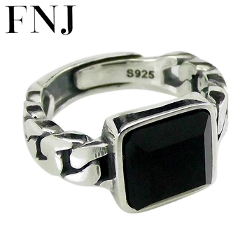 

FNJ Black Agate Ring 925 Silver New Original S925 Sterling Silver Rings for Women Jewelry Adjustable Size Round Square Stone