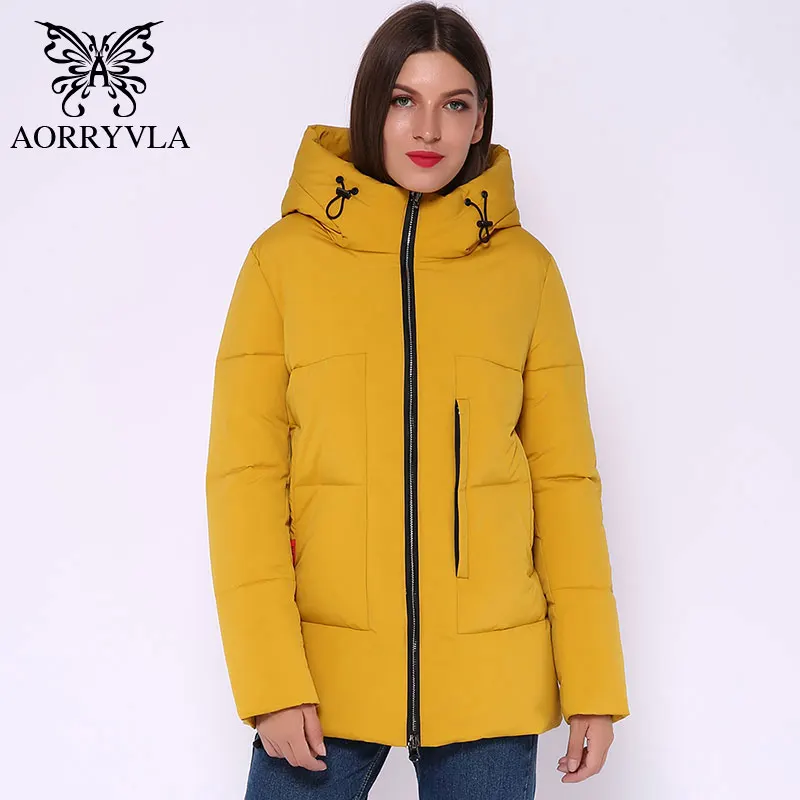AORRYVLA Модные женские зимние куртки короткий теплый пуховик с капюшоном повседневные однотонные милые куртки для женщин AO1936