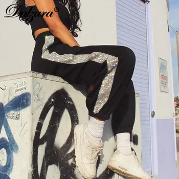 

Dulzura diamond bling glitter women sweatpants harem pants high waist striped loose streetwear 2020 summer clothes party jogger