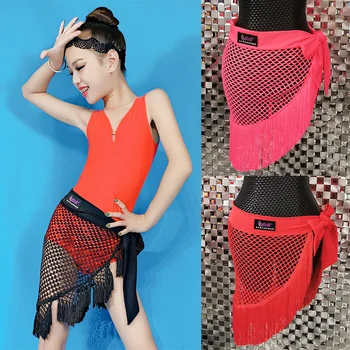 

Black Red Children'S Latin Dance Skirt Mesh Tassel Apron For Girls Ballroom Dance Training Waistband Lacing Hip Scarf DL5385