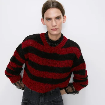 

ZA Slim Contrast Color Sweater Red and Black Stripes High Waist Exposed Navel Short Round Neck Long-sleeved Sweater