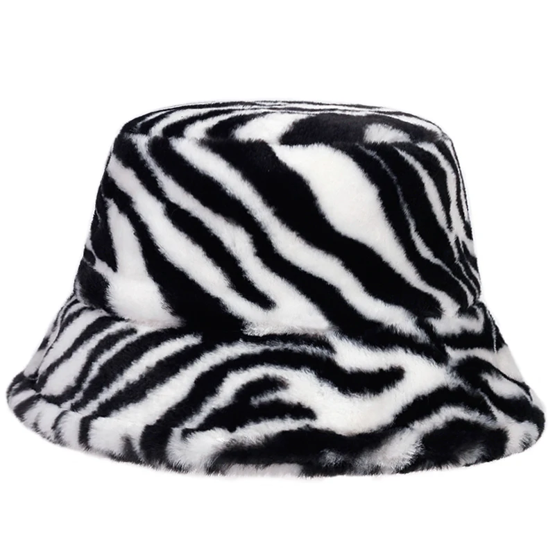 Women Fisherman Hat Ladies Winter Warm Fur Hats Girls Black White Striped panam Zebra Printed Faux Bucket gorras | Аксессуары для