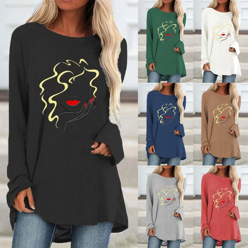 

2021 the New Autumn and Winter Women for Clothing Fashion Printing Elegent Long Sleeve Round Neck Pullover Loose Casual Tops