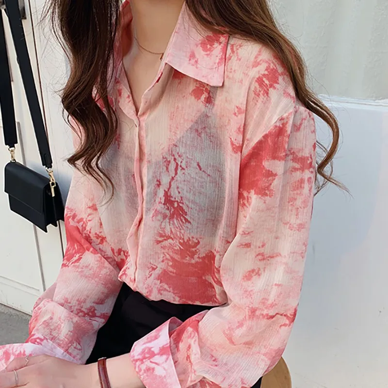 

Women Tops Blouses Autumn 2019 Printed Button Loose Turn-down Collar Long Sleeves Chiffon Blouse