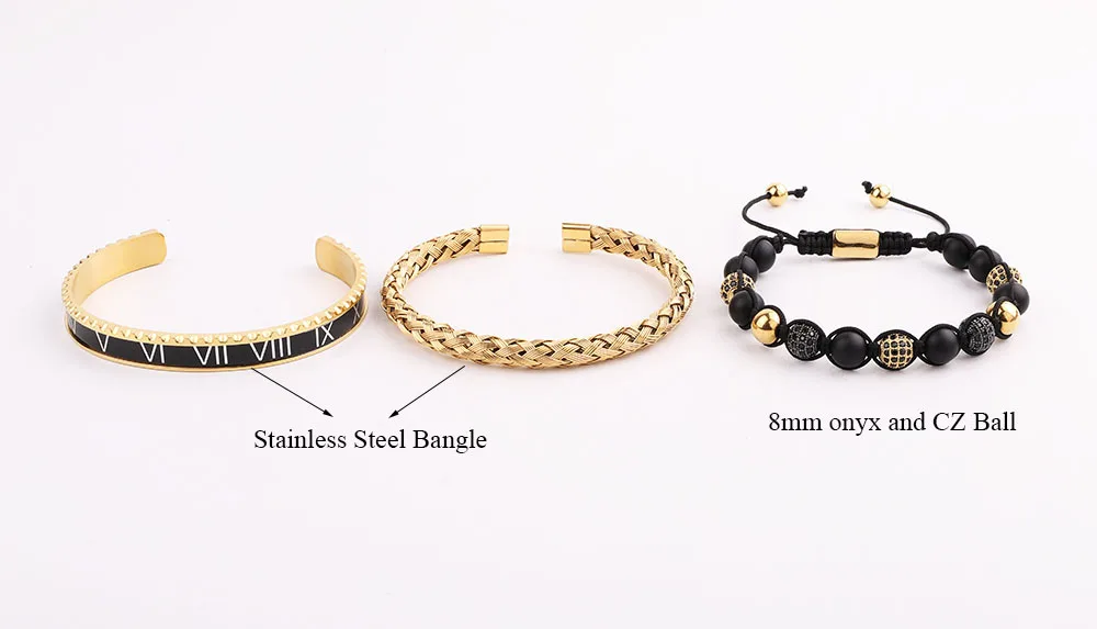 High Quality Men Jewelry Gold Stainless Steel Roman Cuff Bangle Natural Stone Macrame Bracelet Set Men - Image 2