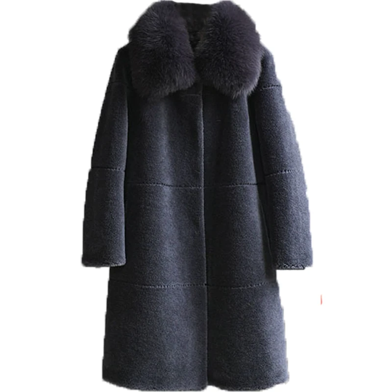 

Real Fur Coat Female Autumn Winter Clothes 2020 Korean Long Fox Fur Collar Sheep Shearing Jacket Women Vintage Tops 827