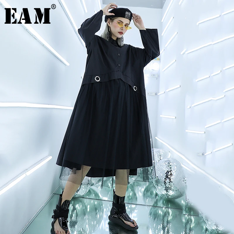 

[EAM] Mesh Spliced Metal Decoration Button Women Dress New Stand Neck Long Sleeve Loose Fit Fashion Spring Autumn 2019 JZ297