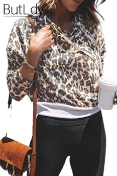 

Leopard Drawstring Short Hoodies Women Autumn Winter Hot Selling 2019 Sweatshirts Long Sleeve Hoody Sweatshirt For Women