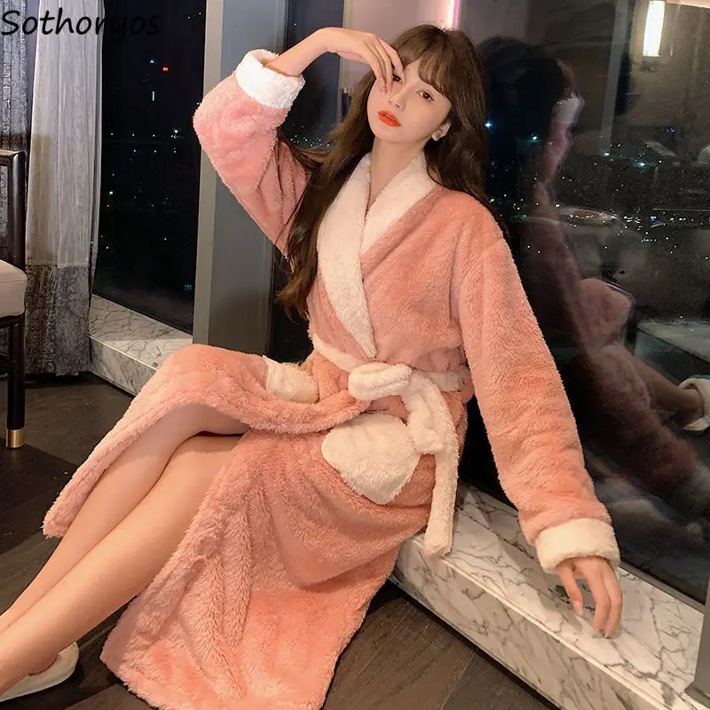 

Women Winter Robes Over Knees Warm Flannel Bathrobe Cute Comfortable Coral Fleece Sleepwear Lounge Elegant Womens Robe Baggy Ins