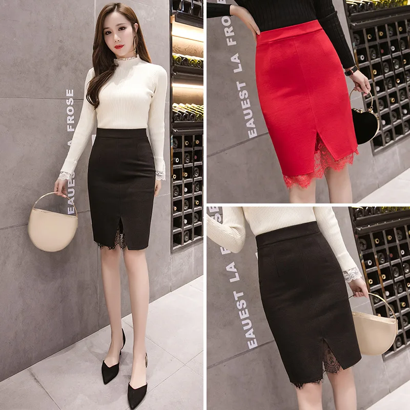

2019 Spring And Summer New Style Korean-style Slim Fit Slimming One-step Skirt Lace Joint Slit-Front High-waisted Elasticity Ski